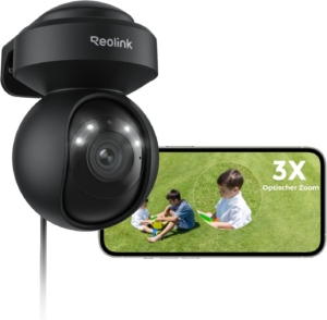 Reolink 4K PTZ Überwachungskamera Aussen WLAN, 3X Optischer Zoom, Auto-Tracking, 2,4/5GHz Wi-Fi 6, Person/Auto/Tiererkennung, Spotlights, 2-Wege-Audio, E1 Outdoor Pro (Schwarz)